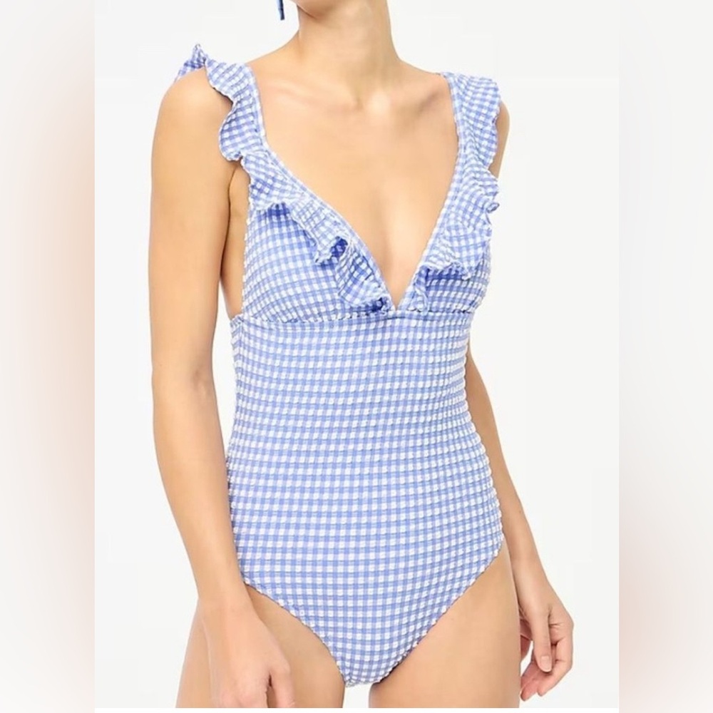 J Crew Gingham Ruffle One Piece Swimsuit size M